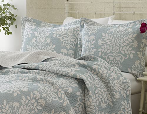 Laura Ashley - Rowland Collection - Quilt Set - 100% Cotton, Reversible, All Season Bedding with Matching Shams, Pre-Washed for Added Comfort, King, Blue