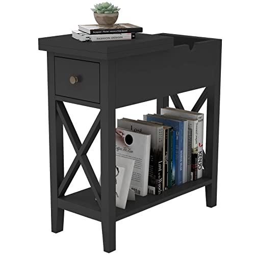 ChooChoo Black End Table, Flip Top Narrow Side Table for Small Spaces, Accent Nightstand Sofa Table for Living Room, Bedroom