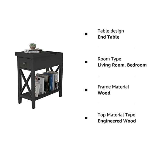 ChooChoo Black End Table, Flip Top Narrow Side Table for Small Spaces, Accent Nightstand Sofa Table for Living Room, Bedroom