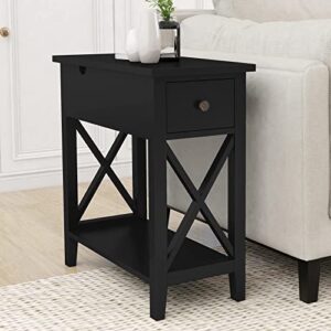 ChooChoo Black End Table, Flip Top Narrow Side Table for Small Spaces, Accent Nightstand Sofa Table for Living Room, Bedroom