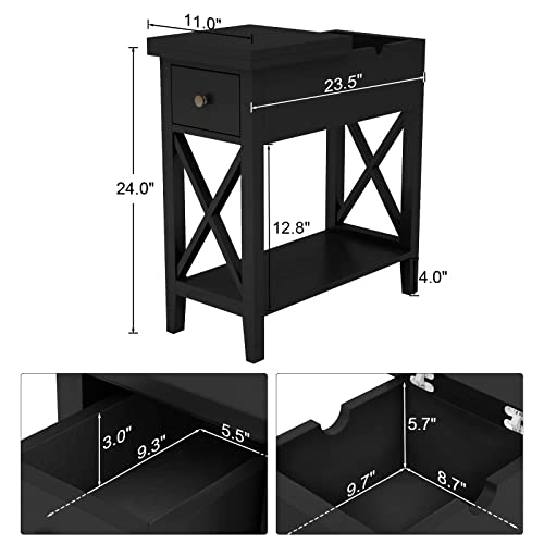 ChooChoo Black End Table, Flip Top Narrow Side Table for Small Spaces, Accent Nightstand Sofa Table for Living Room, Bedroom