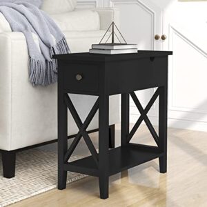 ChooChoo Black End Table, Flip Top Narrow Side Table for Small Spaces, Accent Nightstand Sofa Table for Living Room, Bedroom