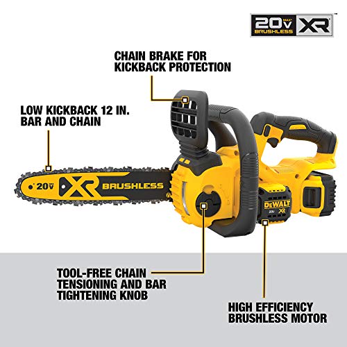 DEWALT 20V MAX* XR Chainsaw Kit, 5-Ah Battery, 12-Inch (DCCS620P1)