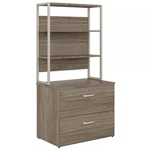 bush business furniture hybrid 2 drawer lateral file cabinet with shelves, modern hickory