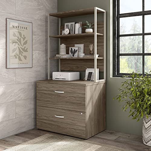 Bush Business Furniture Hybrid 2 Drawer Lateral File Cabinet with Shelves, Modern Hickory