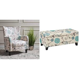 christopher knight home arabella fabric club chair, white and blue floral & knight home breanna fabric storage ottoman, white and blue floral