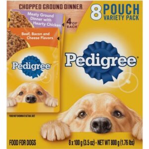 pedigree chopped ground dinner variety pack hearty chicken and beef, bacon & cheese (pack of 2)