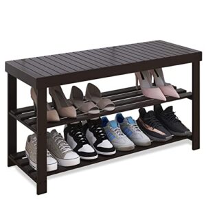 smibuy sturdy bamboo shoe rack bench, 3-tier shoe organizer, storage shelf for entryway hallway bathroom living room (dark brown)