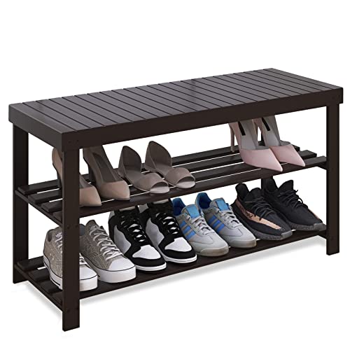 SMIBUY Sturdy Bamboo Shoe Rack Bench, 3-Tier Shoe Organizer, Storage Shelf for Entryway Hallway Bathroom Living Room (Dark Brown)