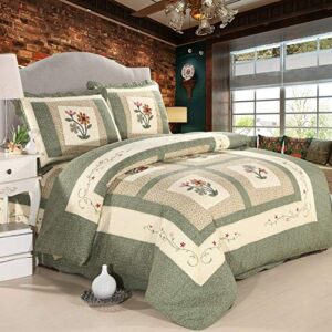 vctops 3 piece embroidered floral quilted bedspread quilt set 100% cotton reversible patchwork coverlet set 1 quilt and 2 pillow shams (green,king)