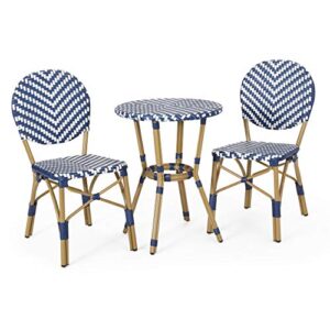 christopher knight home picardy bistro set, navy blue + white + bamboo