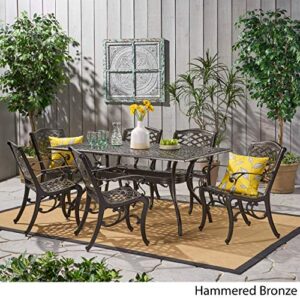 Christopher Knight Home Hallandale Outdoor Sarasota Cast Aluminum Dining Set, 7-Pcs Set, Hammered Bronze & DC America UBP18181-BR 18-Inch Cast Stone Umbrella Base, Bronze Powder Coated Finish