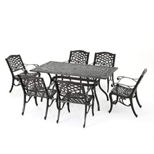 Christopher Knight Home Hallandale Outdoor Sarasota Cast Aluminum Dining Set, 7-Pcs Set, Hammered Bronze & DC America UBP18181-BR 18-Inch Cast Stone Umbrella Base, Bronze Powder Coated Finish