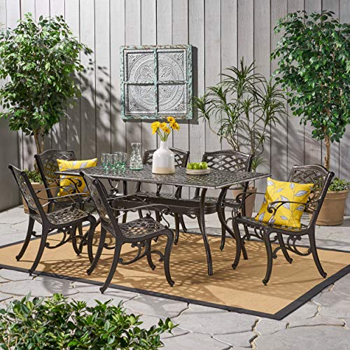 Christopher Knight Home Hallandale Outdoor Sarasota Cast Aluminum Dining Set, 7-Pcs Set, Hammered Bronze & DC America UBP18181-BR 18-Inch Cast Stone Umbrella Base, Bronze Powder Coated Finish