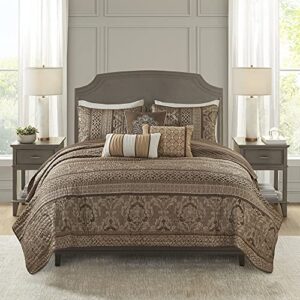 madison park quilt traditional damask design all season, lightweight coverlet bedspread bedding set, matching shams, pillows, king/cal king(104″x94″), bellagio, jacquard brown/gold 6 piece (mp13-369)