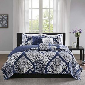 madison park vienna reversible cotton quilt-luxury stitching design all season, breathable coverlet bedspread bedding, shams, decorative pillow, king/cal king, indigo 6 piece