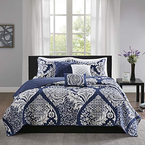 Madison Park Vienna Reversible Cotton Quilt-Luxury Stitching Design All Season, Breathable Coverlet Bedspread Bedding, Shams, Decorative Pillow, King/Cal King, Indigo 6 Piece