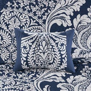 Madison Park Vienna Reversible Cotton Quilt-Luxury Stitching Design All Season, Breathable Coverlet Bedspread Bedding, Shams, Decorative Pillow, King/Cal King, Indigo 6 Piece