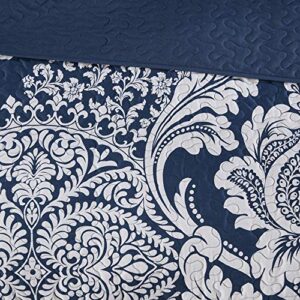 Madison Park Vienna Reversible Cotton Quilt-Luxury Stitching Design All Season, Breathable Coverlet Bedspread Bedding, Shams, Decorative Pillow, King/Cal King, Indigo 6 Piece