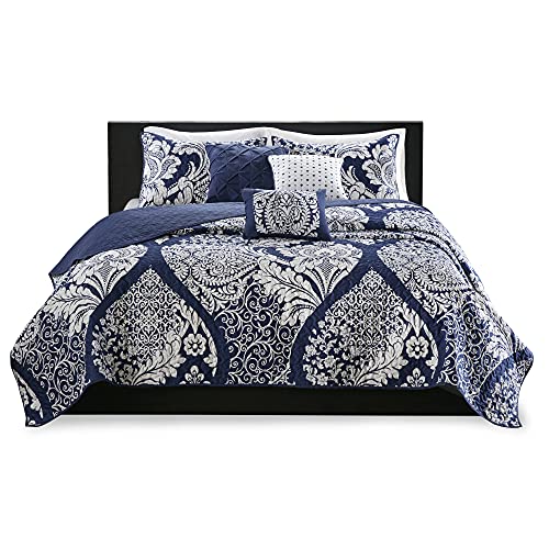 Madison Park Vienna Reversible Cotton Quilt-Luxury Stitching Design All Season, Breathable Coverlet Bedspread Bedding, Shams, Decorative Pillow, King/Cal King, Indigo 6 Piece