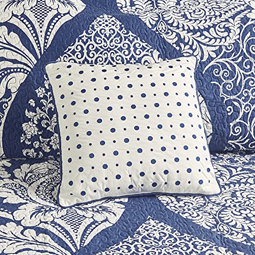 Madison Park Vienna Reversible Cotton Quilt-Luxury Stitching Design All Season, Breathable Coverlet Bedspread Bedding, Shams, Decorative Pillow, King/Cal King, Indigo 6 Piece