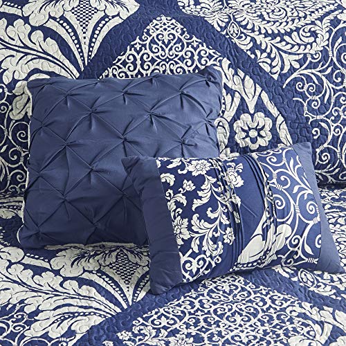 Madison Park Vienna Reversible Cotton Quilt-Luxury Stitching Design All Season, Breathable Coverlet Bedspread Bedding, Shams, Decorative Pillow, King/Cal King, Indigo 6 Piece