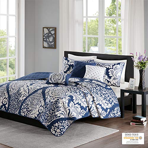 Madison Park Vienna Reversible Cotton Quilt-Luxury Stitching Design All Season, Breathable Coverlet Bedspread Bedding, Shams, Decorative Pillow, King/Cal King, Indigo 6 Piece