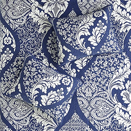 Madison Park Vienna Reversible Cotton Quilt-Luxury Stitching Design All Season, Breathable Coverlet Bedspread Bedding, Shams, Decorative Pillow, King/Cal King, Indigo 6 Piece