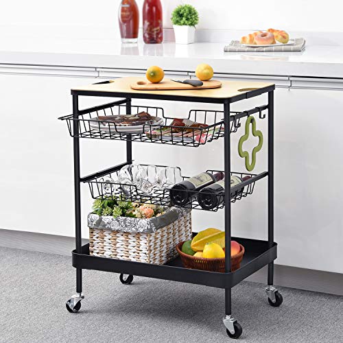 TOOLF Kitchen Island Serving Cart with Utility Wood Tabletop, 4-Tier Rolling Storage Cart with 2 Basket Drawers, Universal Lockable Casters for Home, Dining Room, Office, Restaurant, Hotel