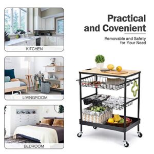 TOOLF Kitchen Island Serving Cart with Utility Wood Tabletop, 4-Tier Rolling Storage Cart with 2 Basket Drawers, Universal Lockable Casters for Home, Dining Room, Office, Restaurant, Hotel