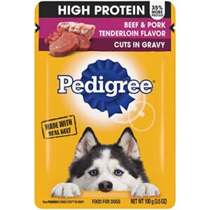 pedigree high protein wet dog food pouches, beef and pork tenderloin flavor cuts in gravy, 3.5 oz. pouches, 16 count