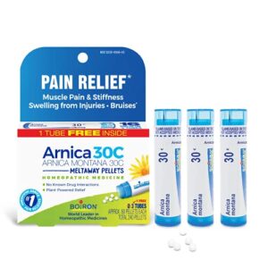 boiron arnica montana 30c homeopathic medicine for relief from muscle pain, muscle stiffness, swelling from injury, and discoloration from bruises – 3 count (240 pellets)