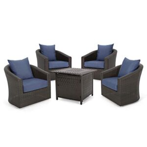 christopher knight home connie outdoor 4 seater wicker swivel chair and fire pit set, mixed brown + navy blue + hammered bronze
