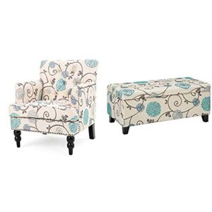 christopher knight home harrison fabric tufted club chair, white/blue & breanna fabric storage ottoman, white and blue floral