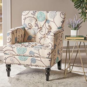 Christopher Knight Home Harrison Fabric Tufted Club Chair, White/Blue & Breanna Fabric Storage Ottoman, White and Blue Floral