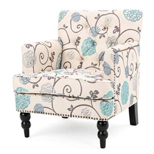 Christopher Knight Home Harrison Fabric Tufted Club Chair, White/Blue & Breanna Fabric Storage Ottoman, White and Blue Floral