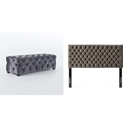 Christopher Knight Home Piper Velvet Ottoman, Grey & Jezebel Velvet Headboard, Queen / Full, Grey / Black Steel