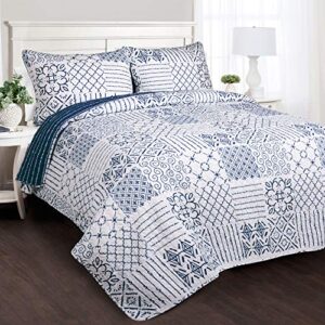 lush decor monique 3 piece reversible print pattern blue quilt set, king