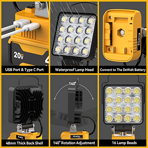 Flood Work Light for DeWalt: 48w 4" Square LED Work Lights,18V/20V MAX Lithium Battery Light with Low Voltage Protection,Cordless LED Light Job Site Light,USB&Type-C Charging Port （Upgraded）