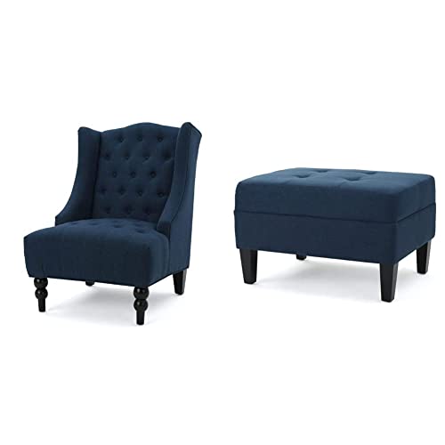 Christopher Knight Home Toddman High-Back Fabric Club Chair, Dark Blue & Zahra Ottoman, Dark Blue