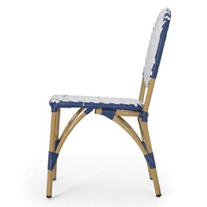 Christopher Knight Home Picardy Outdoor Bistro Chair, Navy Blue + White + Bamboo Finish