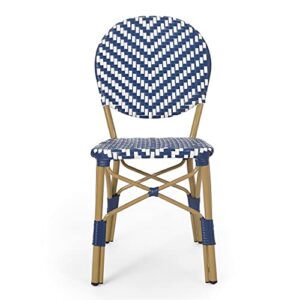 Christopher Knight Home Picardy Outdoor Bistro Chair, Navy Blue + White + Bamboo Finish