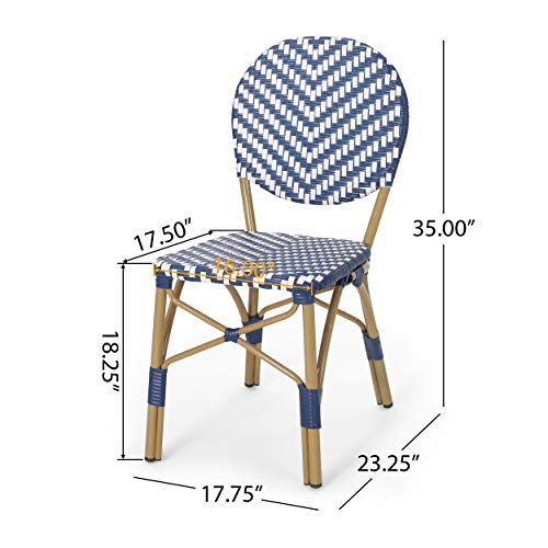 Christopher Knight Home Picardy Outdoor Bistro Chair, Navy Blue + White + Bamboo Finish