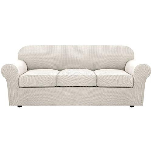 H.VERSAILTEX 4 Piece Stretch Sofa Covers for 3 Cushion Couch Covers for Living Room Furniture Slipcovers (Base Cover Plus 3 Seat Cushion Covers) Upgraded Thicker Jacquard Fabric (Sofa, Ivory)
