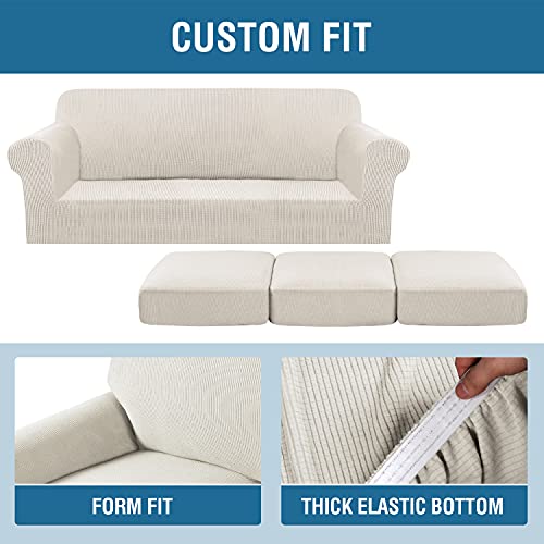 H.VERSAILTEX 4 Piece Stretch Sofa Covers for 3 Cushion Couch Covers for Living Room Furniture Slipcovers (Base Cover Plus 3 Seat Cushion Covers) Upgraded Thicker Jacquard Fabric (Sofa, Ivory)