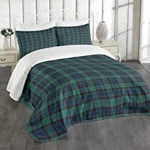 Ambesonne Tartan Bedspread, Traditional Quilt Design Scottish Folklore Elements Plaid Pattern, Decorative Quilted 3 Piece Coverlet Set with 2 Pillow Shams, King Size, Green Black