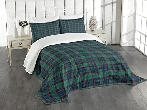 Ambesonne Tartan Bedspread, Traditional Quilt Design Scottish Folklore Elements Plaid Pattern, Decorative Quilted 3 Piece Coverlet Set with 2 Pillow Shams, King Size, Green Black