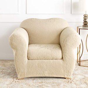 Surefit Stretch Jacquard Damask Box Cushion Chair Two Piece Slipcover, Form Fit, Polyester/Spandex, Machine Washable, Oyster