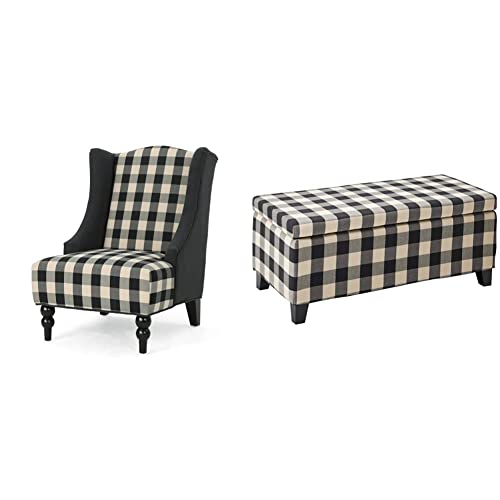 Christopher Knight Home Alonso High-Back Fabric Club Chair, Black Checkerboard and Dark Charcoal & Breanna Fabric Storage Ottoman, Black Checkerboard