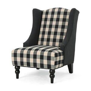 Christopher Knight Home Alonso High-Back Fabric Club Chair, Black Checkerboard and Dark Charcoal & Breanna Fabric Storage Ottoman, Black Checkerboard